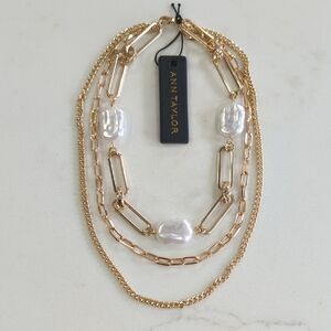 Ann Taylor Gold and Pearl Chain Link Triple Strand Necklace